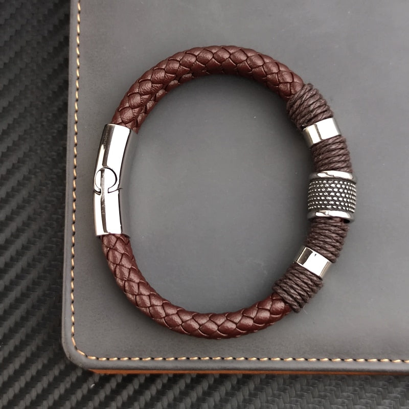 Genuine Leather Stone Bead Men Bracelet