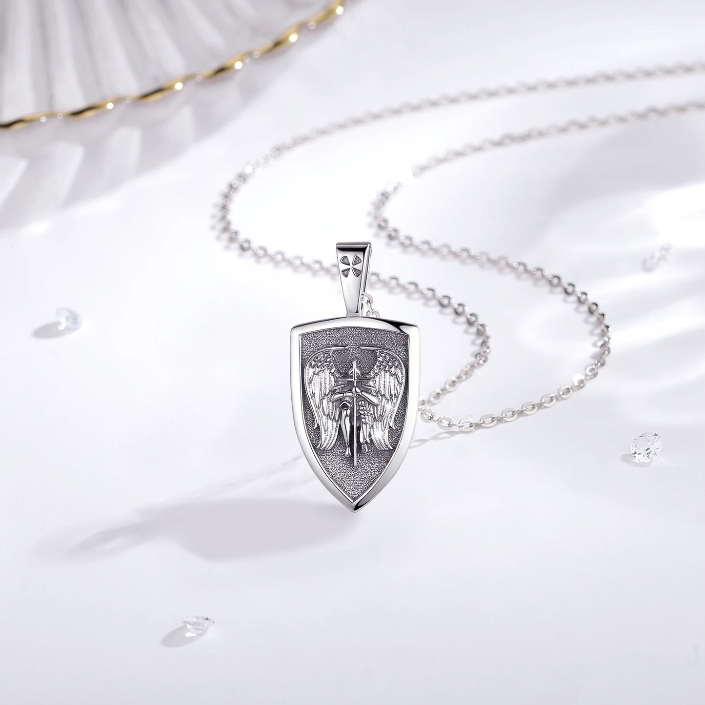 Angel Shield Pendant Necklace , 925 Sterling Silver , 22X36mm, 6.74g