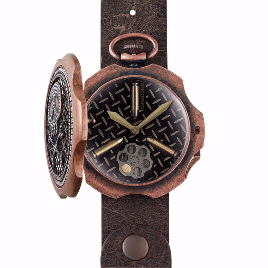 Tambooro STAINLESS STEEL WATCH ROSE GOLD PLATED VINTAGE EFFECT WITH SKULL COVER AND CUBIC ZIRCONIA - BROWN LEATHER TB-102-BR-Z-1SL-CP