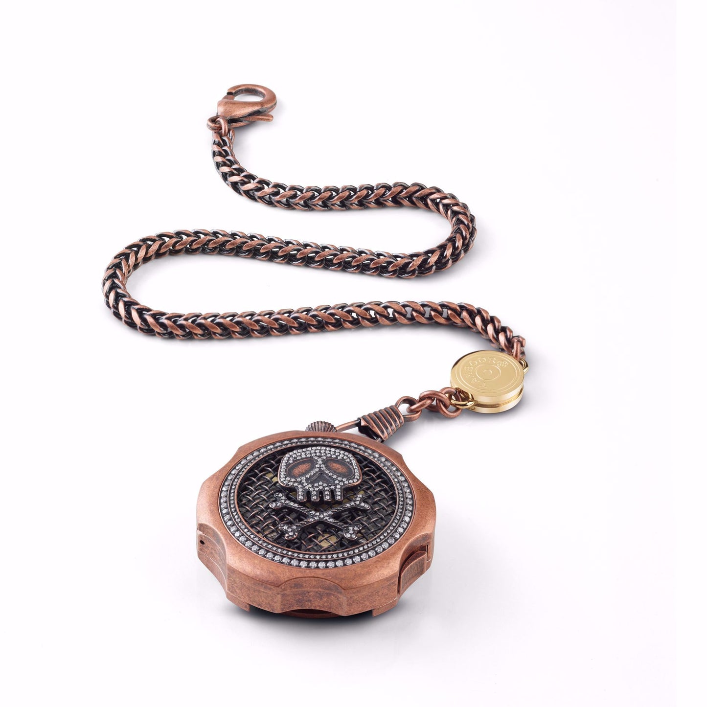 Tambooro STAINLESS STEEL WATCH ROSE GOLD PLATED VINTAGE EFFECT WITH SKULL COVER AND CUBIC ZIRCONIA - BROWN LEATHER TB-102-BR-Z-1SL-CP