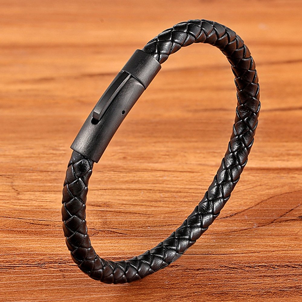 Classic Style Men Leather Bracelet Simple Black Stainless Steel Button Hand-woven Jewelry