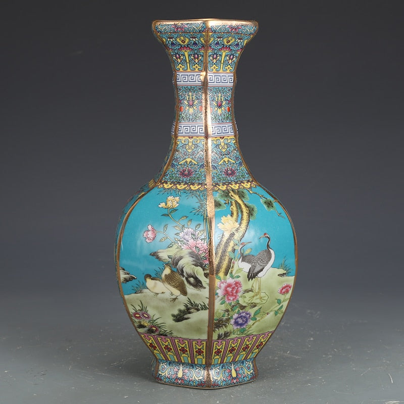 Enamel porcelain vase ceramic Hexagonal Flower and bird pattern vase ornaments antique vase