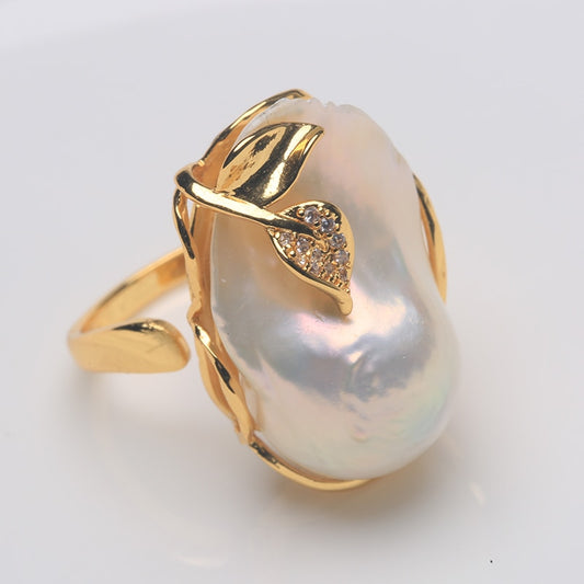 Natural Freshwater Baroque Pearl Ring, Leaf set design , 15-25MM adjustable size