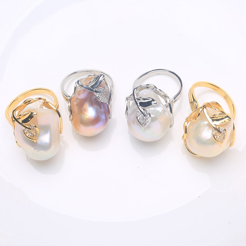 Natural Freshwater Baroque Pearl Ring, Leaf set design , 15-25MM adjustable size