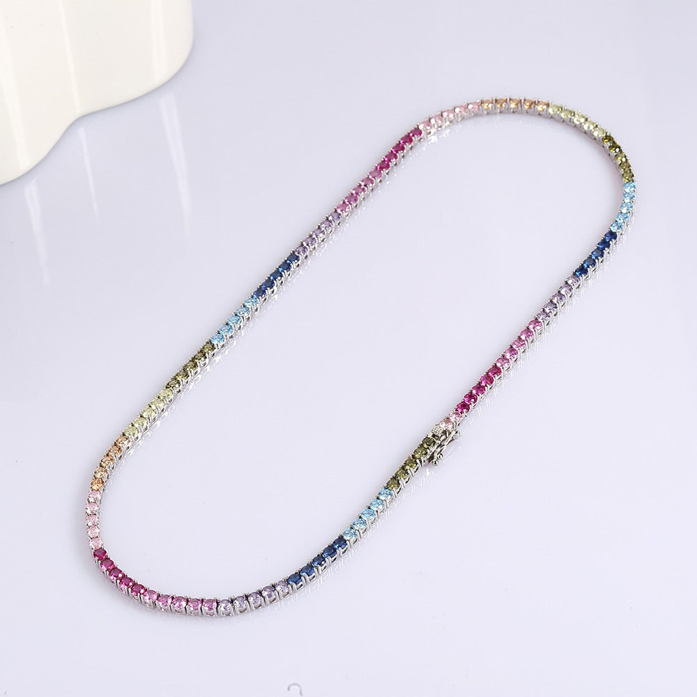 Real 925 Sterling Silver Chain Necklace, Setting Pave 3mm Sparkly Rainbow, Zircon Fine Jewelry