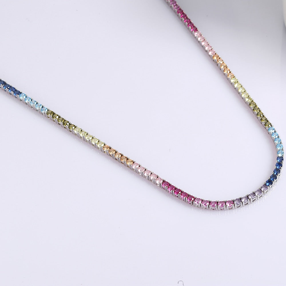 Real 925 Sterling Silver Chain Necklace, Setting Pave 3mm Sparkly Rainbow, Zircon Fine Jewelry