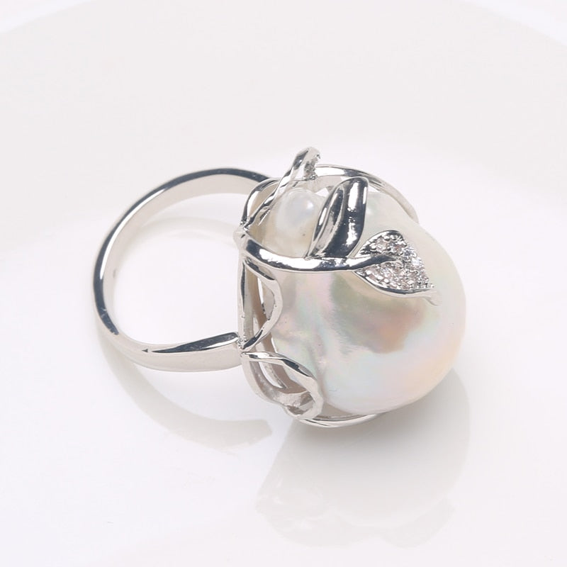 Natural Freshwater Baroque Pearl Ring, Leaf set design , 15-25MM adjustable size