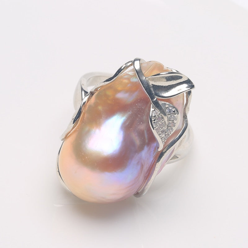 Natural Freshwater Baroque Pearl Ring, Leaf set design , 15-25MM adjustable size