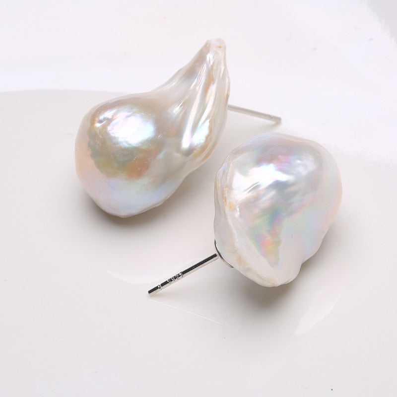 Natural Freshwater Pearl Stud Earrings 925 Sterling Silver, Large Baroque Pearl 15-25mm