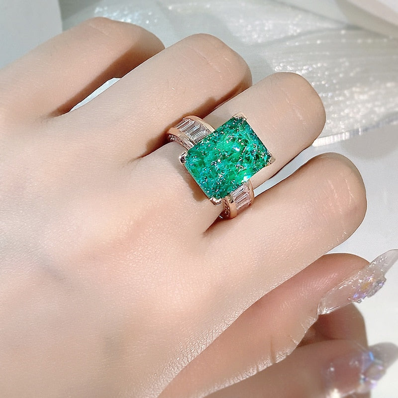 Fashion 18K Gold Emerald Paraiba Ring For Women  Full Diamond Zircon Jewelry