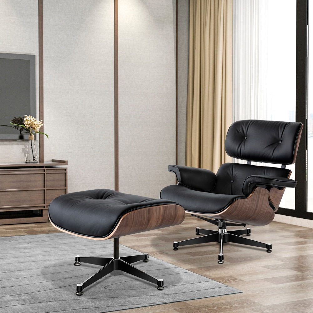 Lounge walnut and leather armchair and ottoman