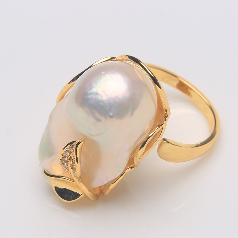 Natural Freshwater Baroque Pearl Ring, Leaf set design , 15-25MM adjustable size