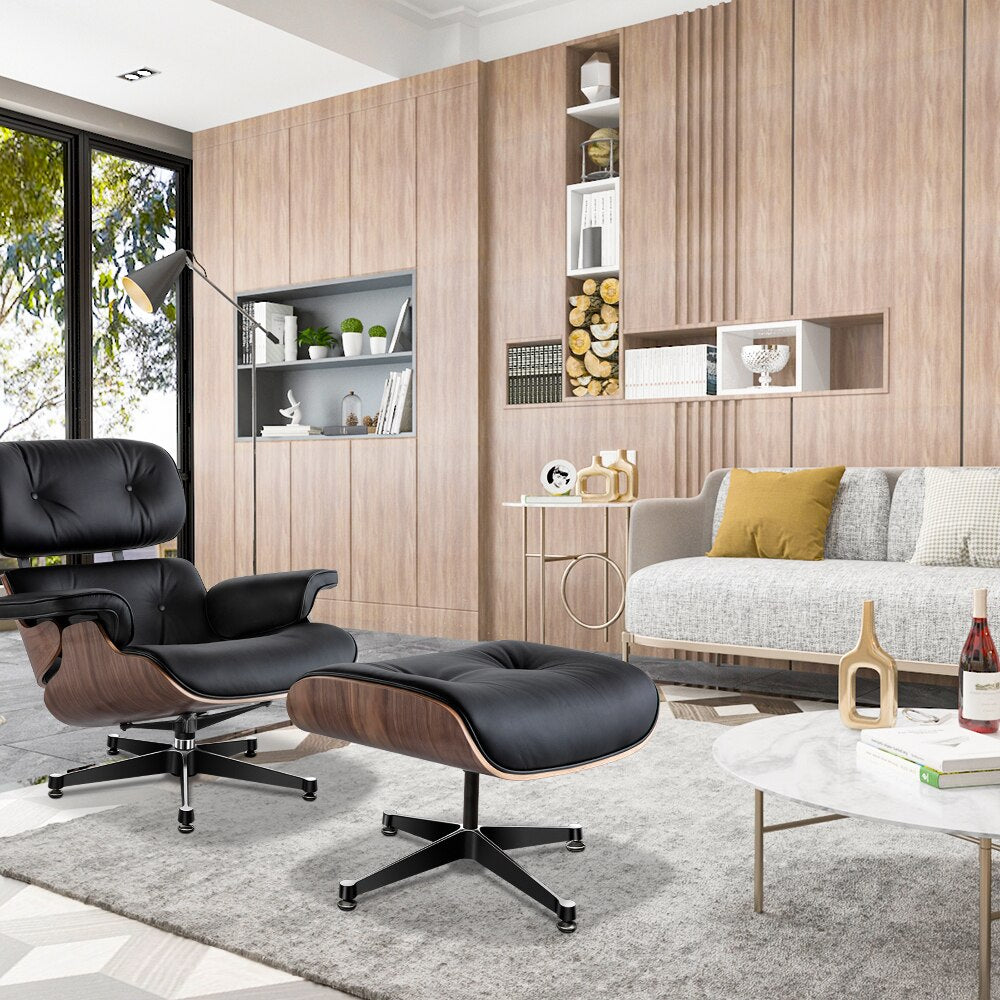 Lounge walnut and leather armchair and ottoman