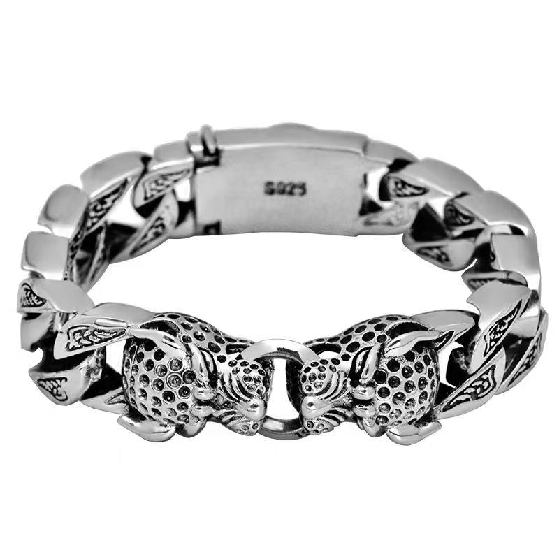 S925 Silver Leopard Horsetail Woven Double Leopard Head Bracelet