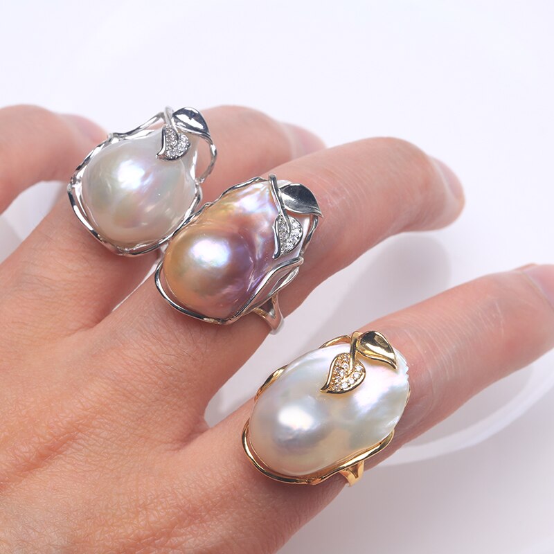 Natural Freshwater Baroque Pearl Ring, Leaf set design , 15-25MM adjustable size