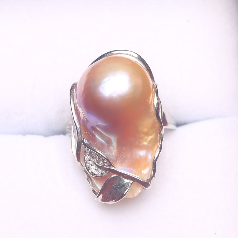 Natural Freshwater Baroque Pearl Ring, Leaf set design , 15-25MM adjustable size