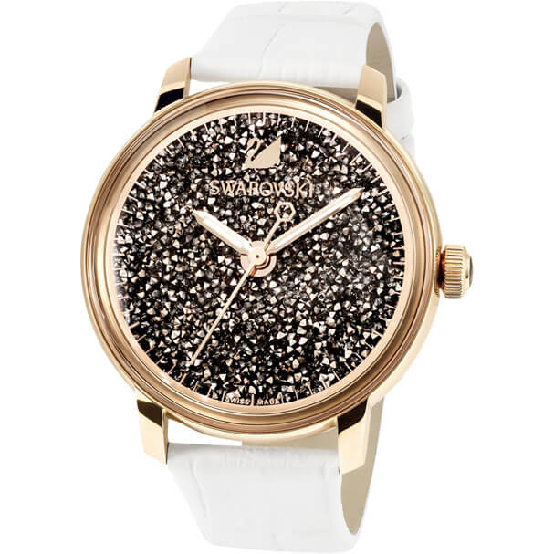 SWAROVSKI, MONTRE CRYSTALLINE HOURS, BRACELET EN CUIR, BLANC, OR ROSE