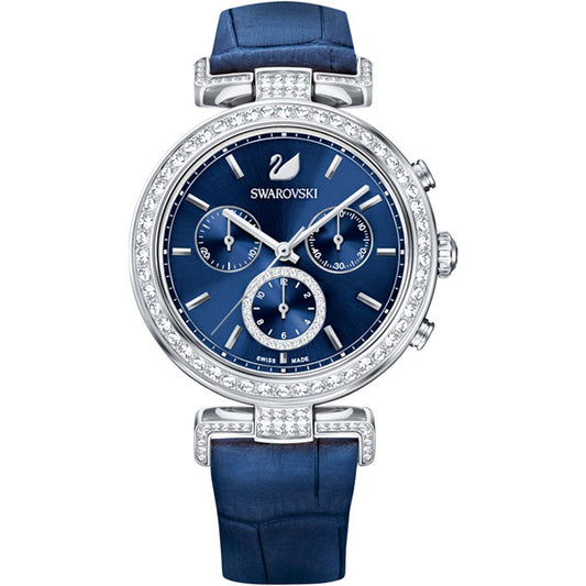 Swarovski montre Era Journey, bracelet en cuir, bleu, ton argenté