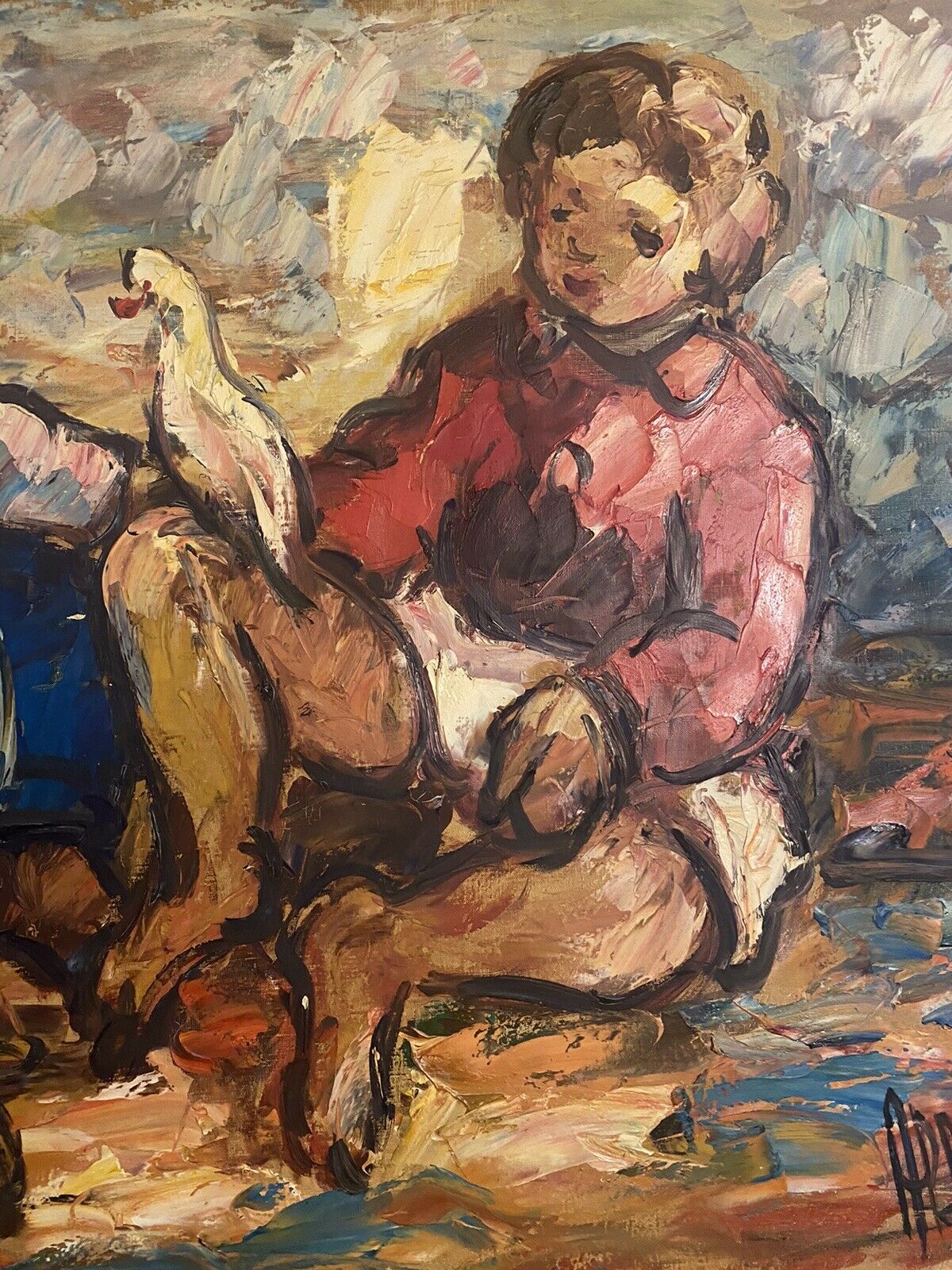Albert Vagh authentic Painting, les Enfants au Pigeon, 81cmX65cm